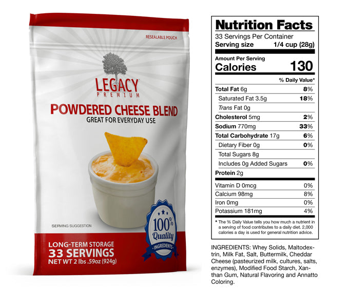 Legacy Food Storage 33 Serving Cheese Blend Powder Pouch - 6 pack nutrition facts label
