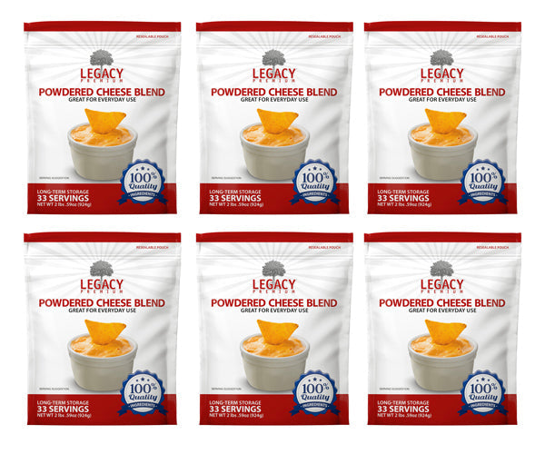 Legacy Food Storage 33 Serving Cheese Blend Powder Pouch - 6 pack showing all six pouches together