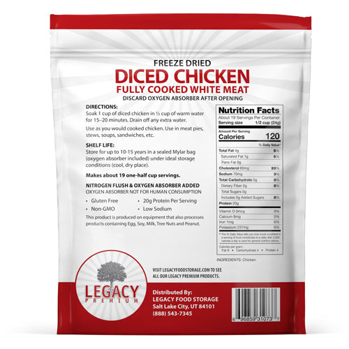 Legacy Food Storage 19 Servings - 1 lb Freeze-Dried Diced Chicken - 6 pack pouch packaging back view