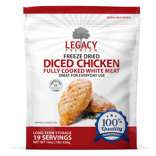 Legacy Food Storage Freeze-Dried Diced Meat Variety 6 pack - Beef & Chicken chicken pouch front packaging
