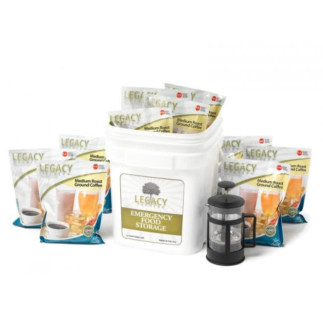 Legacy Food Storage 350 Serving Coffee Bucket with French Press ground coffee with included french press