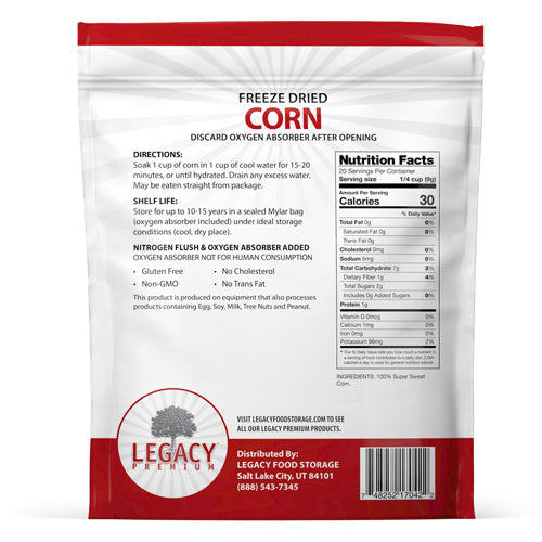 Legacy Food Storage 20 Serving Freeze-Dried Corn Pouch - 6 pack pouch packaging, back view