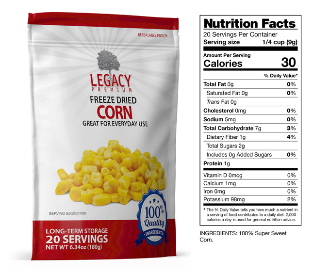 Legacy Food Storage 20 Serving Freeze-Dried Corn Pouch - 6 pack nutrition facts label