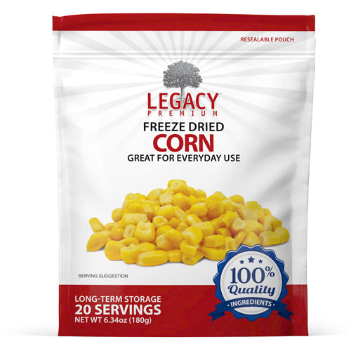 Legacy Food Storage 20 Serving Freeze-Dried Corn Pouch - 6 pack pouch packaging, front view