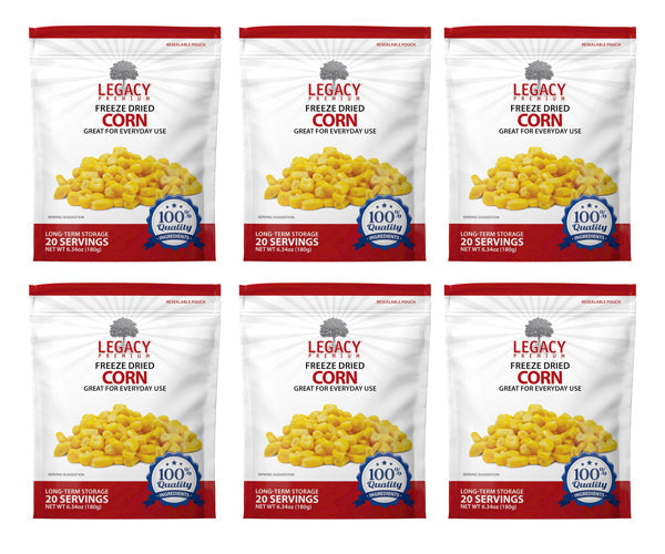 Legacy Food Storage 20 Serving Freeze-Dried Corn Pouch - 6 pack showing all six pouches together