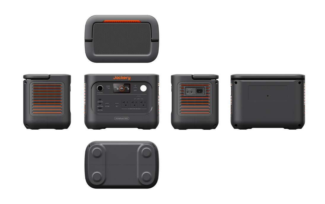 Jackery HomePower 1000 v2 in Black, six-view diagram showing all sides