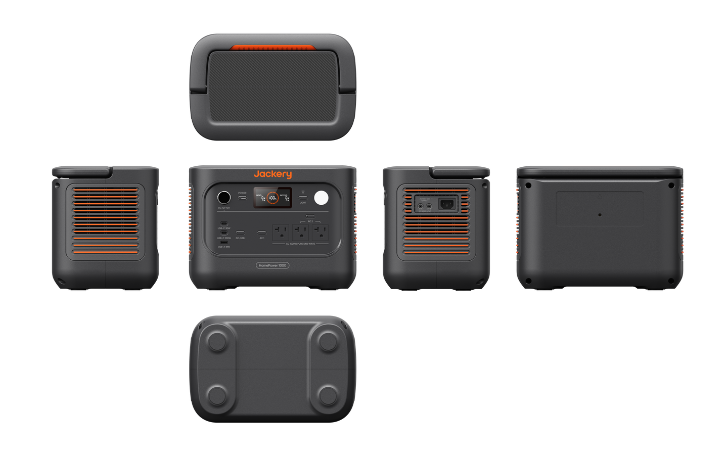Jackery HomePower 1000 v2 in Black, six-view diagram showing all sides