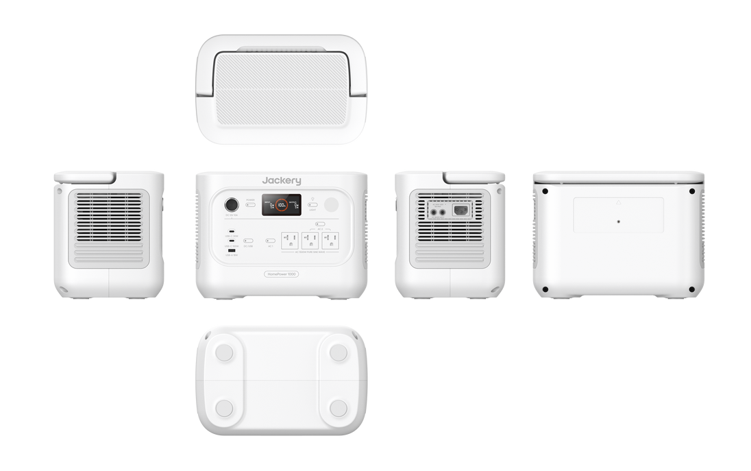 Jackery HomePower 1000 v2 in White, six-view diagram showing all sides