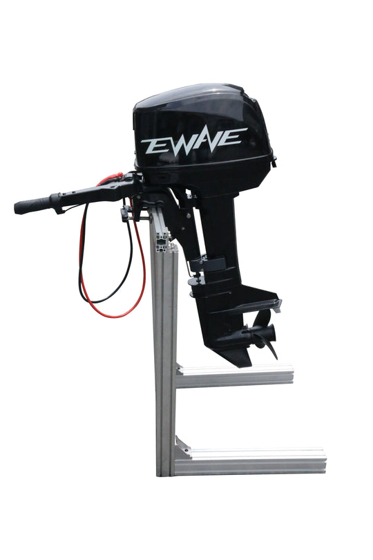 EWAVE 10 kW electric outboard motor on a stand, tiller side