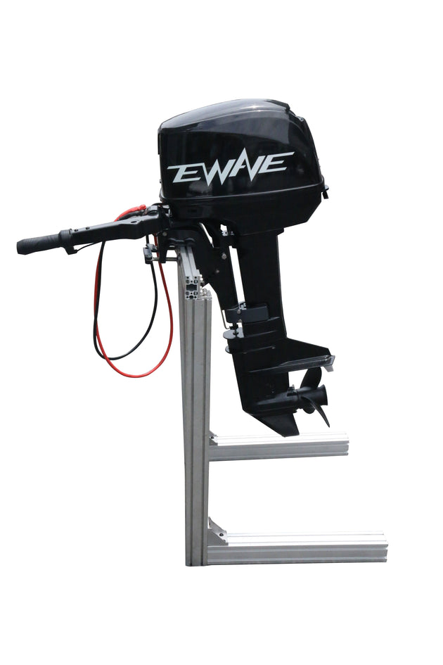 EWAVE 10 kW electric outboard motor on a stand, tiller side