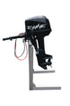 EWAVE 10 kW electric outboard motor on a stand, tiller side