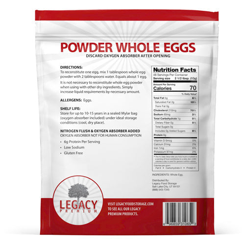 Legacy Food Storage 48 Whole Powdered Eggs Pouch - 6 pack pouch packaging back view