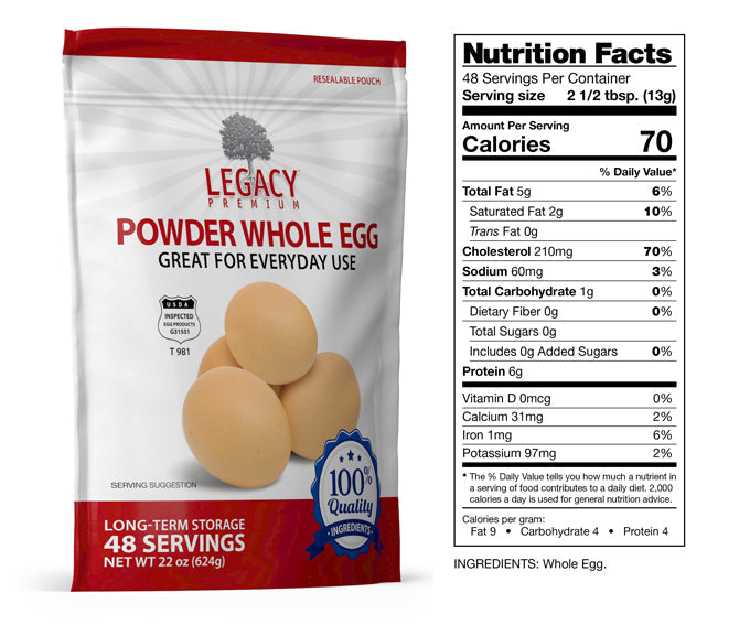 Legacy Food Storage 48 Whole Powdered Eggs Pouch - 6 pack nutrition facts label
