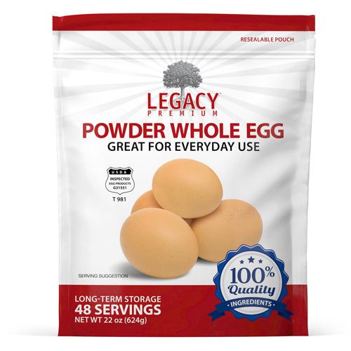 Legacy Food Storage 48 Whole Powdered Eggs Pouch - 6 pack pouch packaging front view