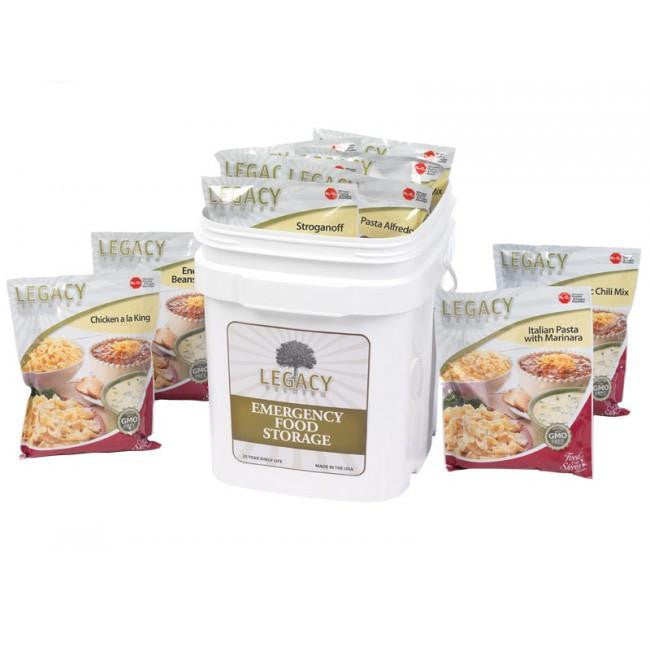 Legacy Food Storage 60 Serving Breakfast, Lunch, and Dinner Bucket assorted meal pouch contents of 60-serving combo