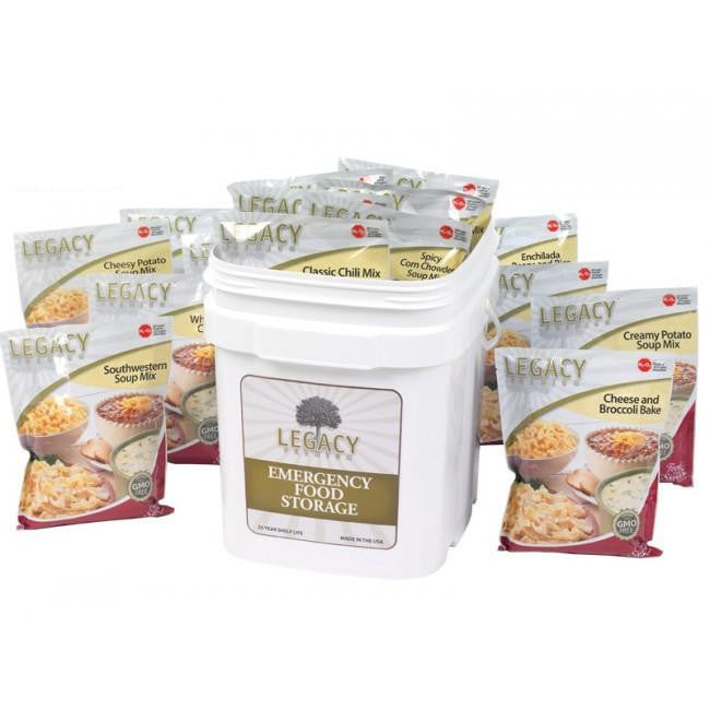 Legacy Food Storage 60 Serving Certified Gluten Free Entrée Bucket emergency food contents and serving details graphic