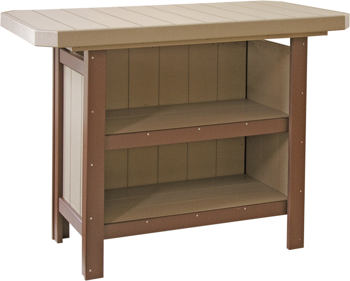 LuxCraft poly outdoor serving bar in Weatherwood and Chestnut Brown