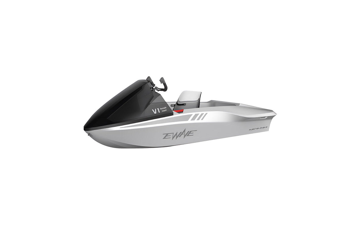 EWAVE Formula Future EWE1 electric jet boat in silver, side view