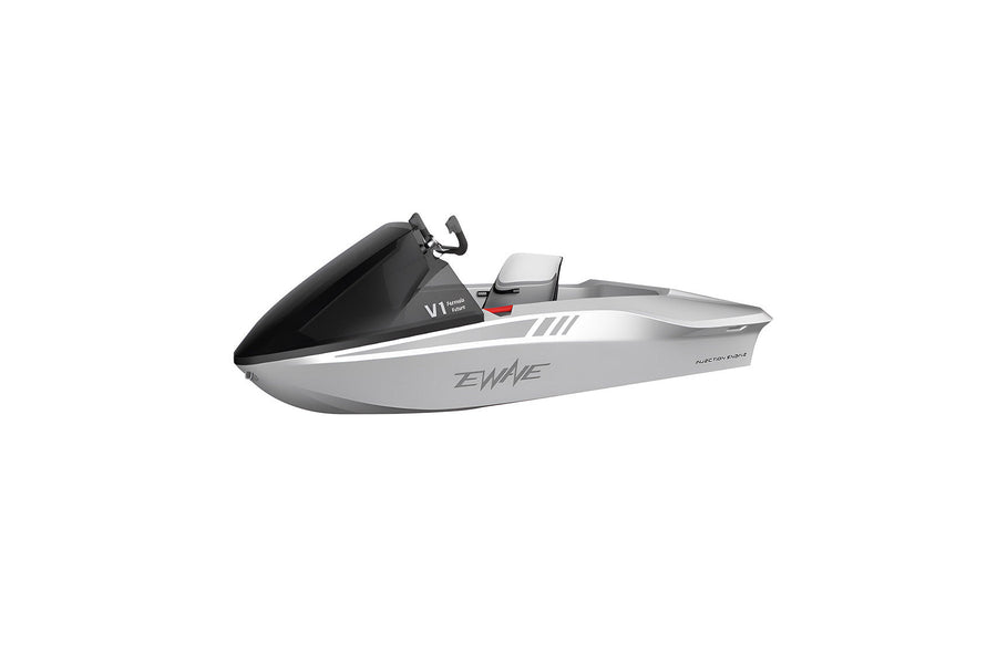 EWAVE Formula Future EWE1 electric jet boat in silver, side view