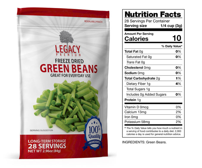 Legacy Food Storage Legacy Essentials Assorted Vegetable Pack green beans nutrition facts label