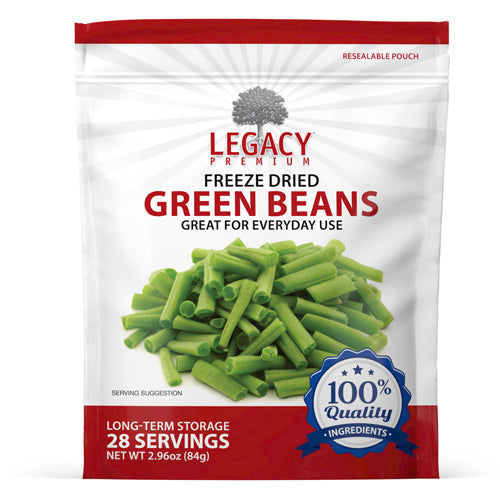 Legacy Food Storage 28 Serving Freeze-Dried Green Beans Pouch - 6 pack, front of pouch packaging