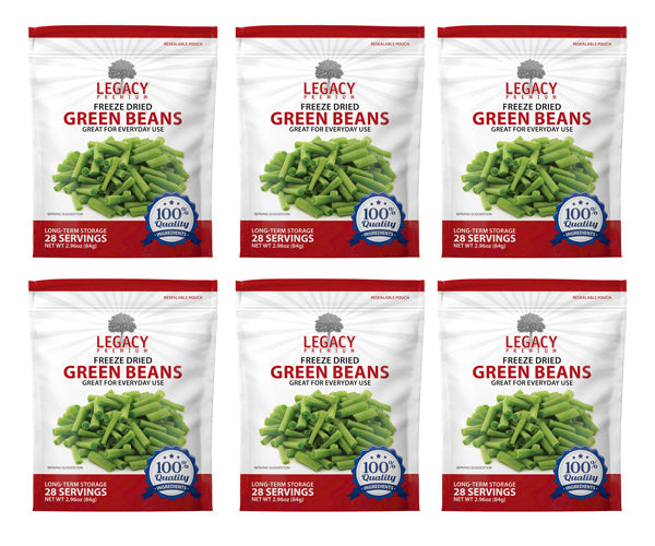 Legacy Food Storage 28 Serving Freeze-Dried Green Beans Pouch - 6 pack, six pouches shown together