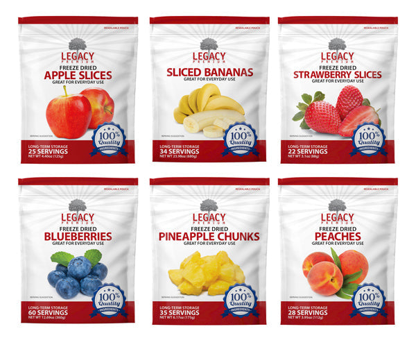 Legacy Food Storage Legacy Essentials Assorted Freeze-Dried Fruit variety pack kit packaging with assorted fruit pouches