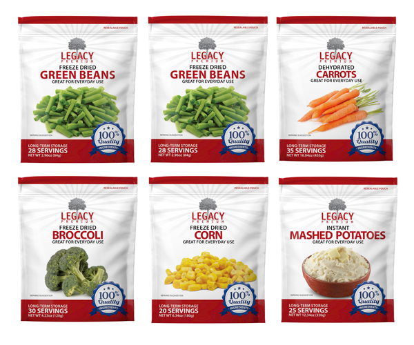 Legacy Food Storage Legacy Essentials Assorted Vegetable Pack kit showing assorted freeze-dried vegetable pouches
