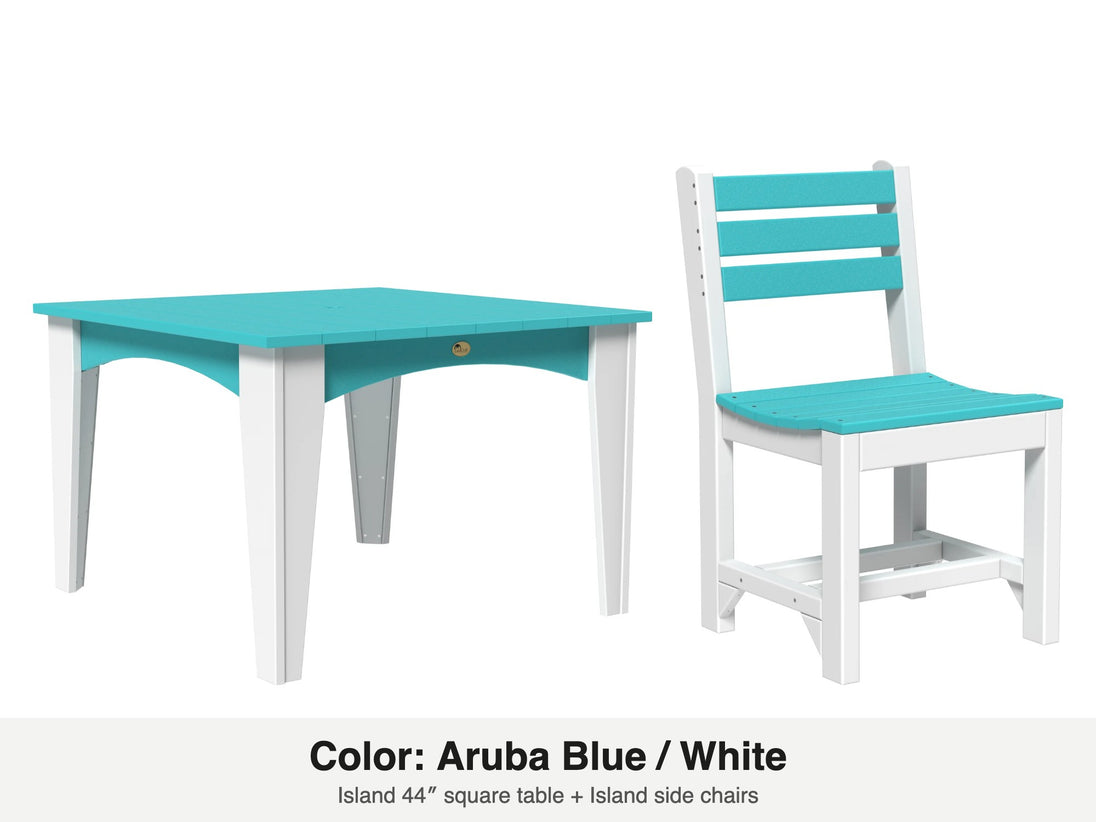 LuxCraft Celeste dining set – Island 44 inch square table and Island side chair in Aruba Blue and White