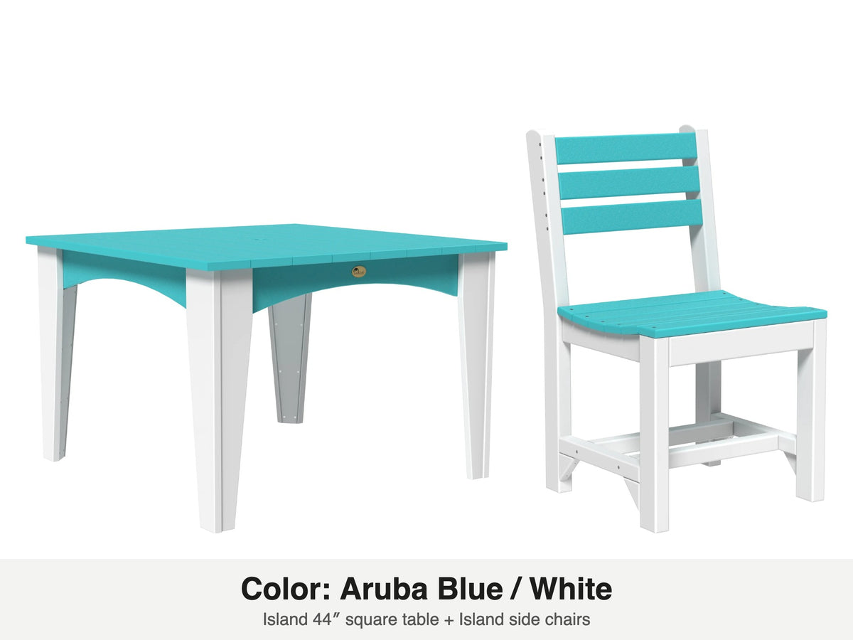 LuxCraft Celeste dining set – Island 44 inch square table and Island side chair in Aruba Blue and White