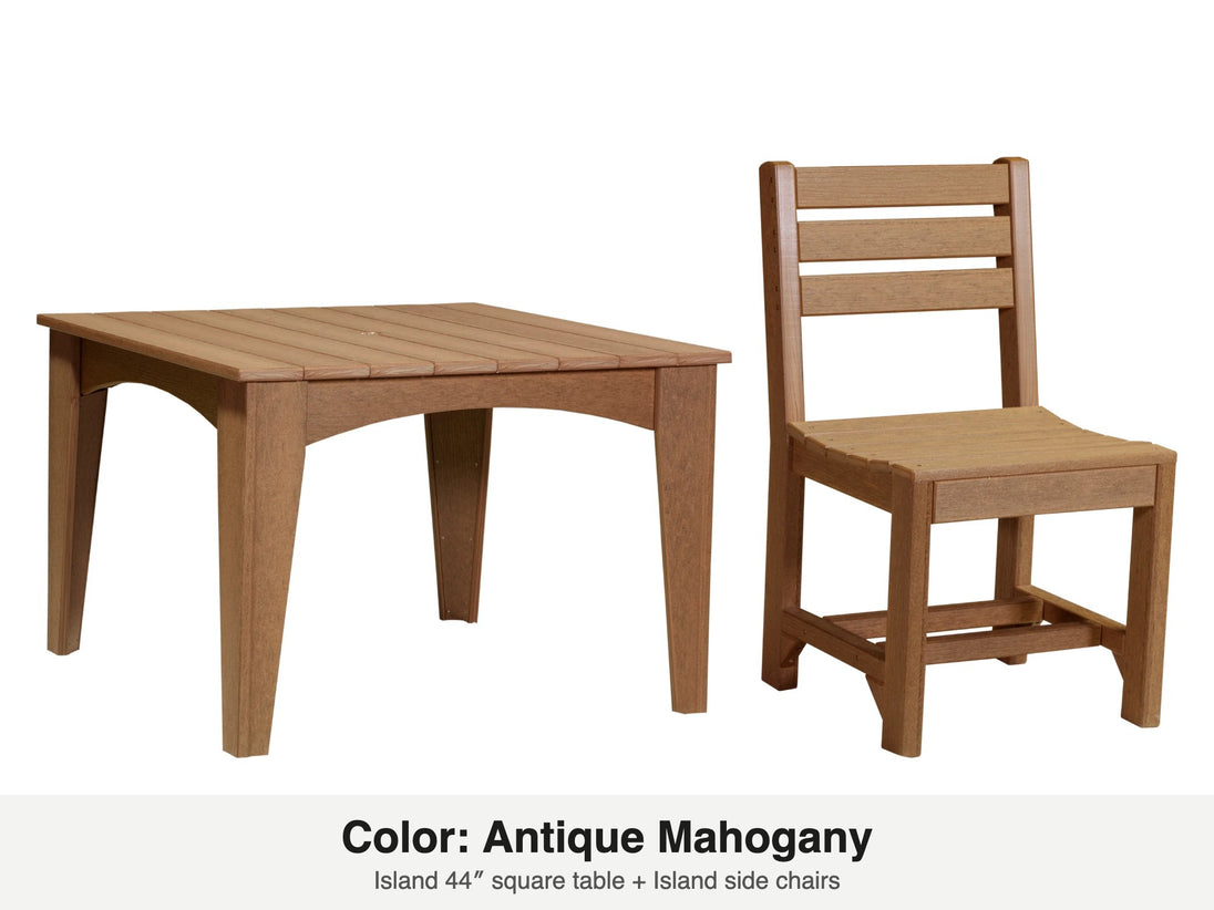 LuxCraft Celeste dining set – Island 44 inch square table and Island side chair in Antique Mahogany