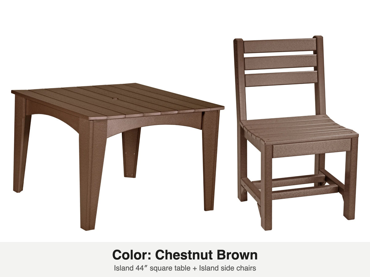 LuxCraft Celeste dining set – Island 44 inch square table and Island side chair in Chestnut Brown