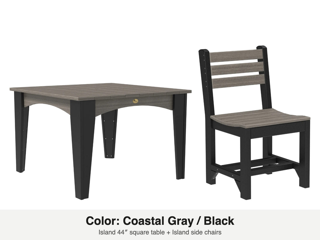 LuxCraft Celeste dining set – Island 44 inch square table and Island side chair in Coastal Gray and Black