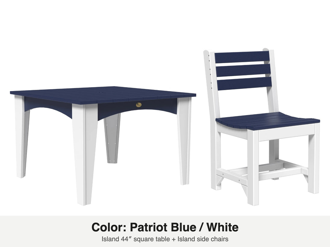 LuxCraft Celeste dining set – Island 44 inch square table and Island side chair in Patriot Blue and White