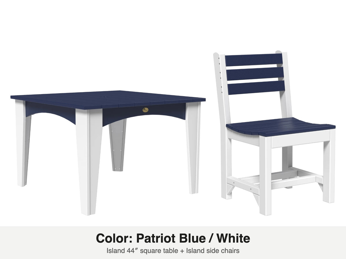 LuxCraft Celeste dining set – Island 44 inch square table and Island side chair in Patriot Blue and White