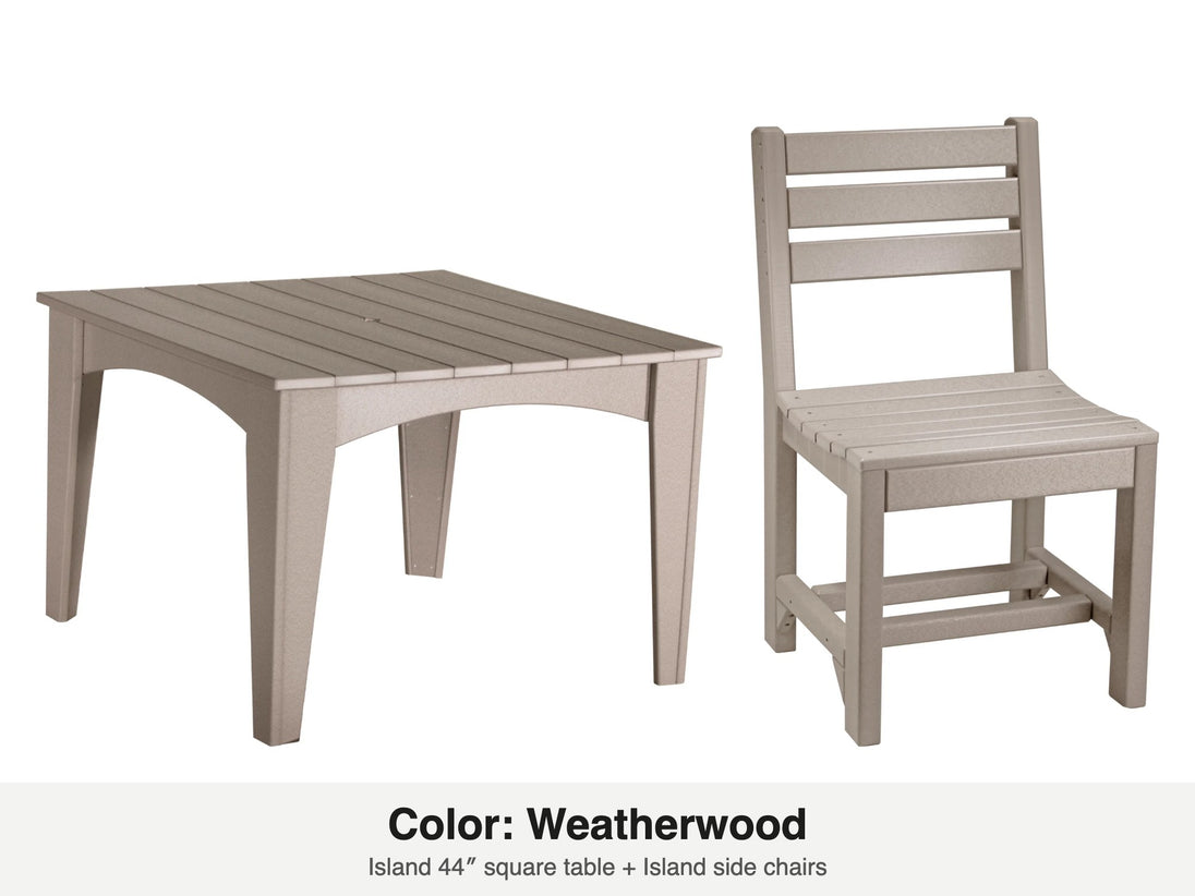 LuxCraft Celeste dining set – Island 44 inch square table and Island side chair in Weatherwood