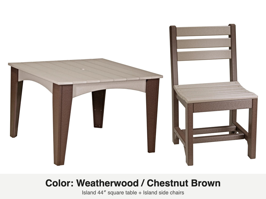LuxCraft Celeste dining set – Island 44 inch square table and Island side chair in Weatherwood and Chestnut Brown