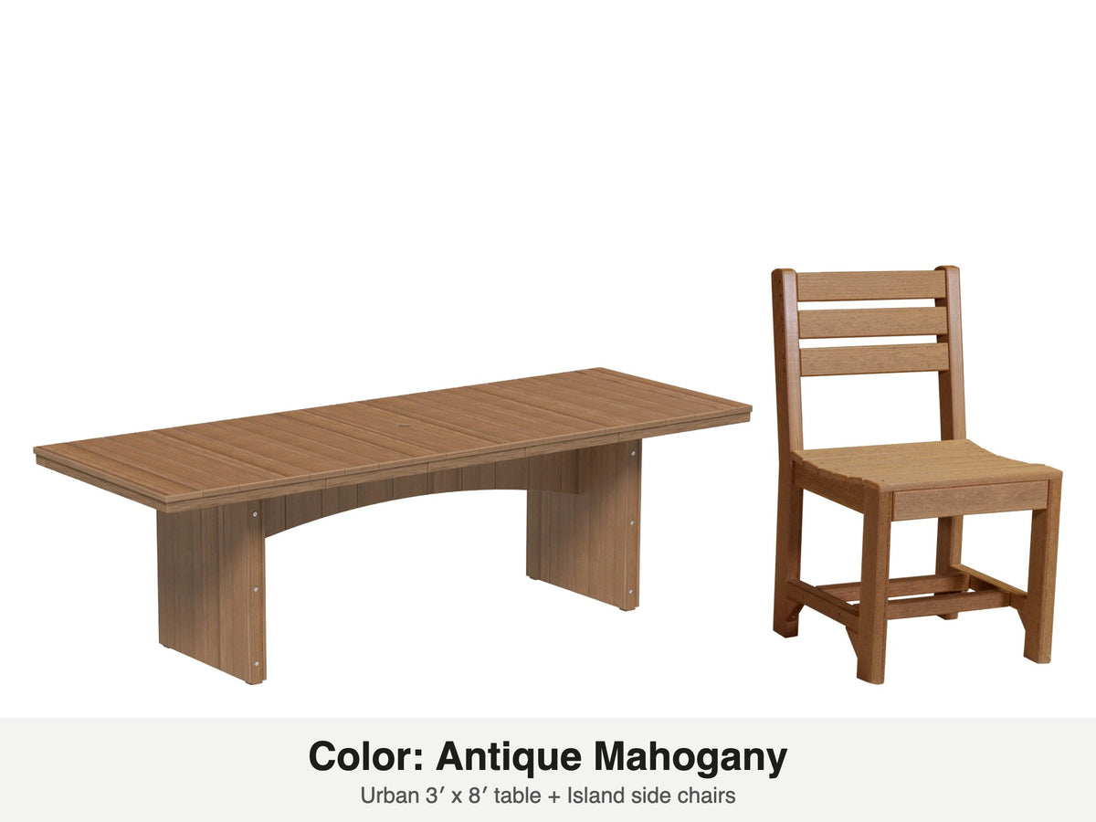 LuxCraft Veranda dining set – Urban 3x8 table and Island side chair in Antique Mahogany