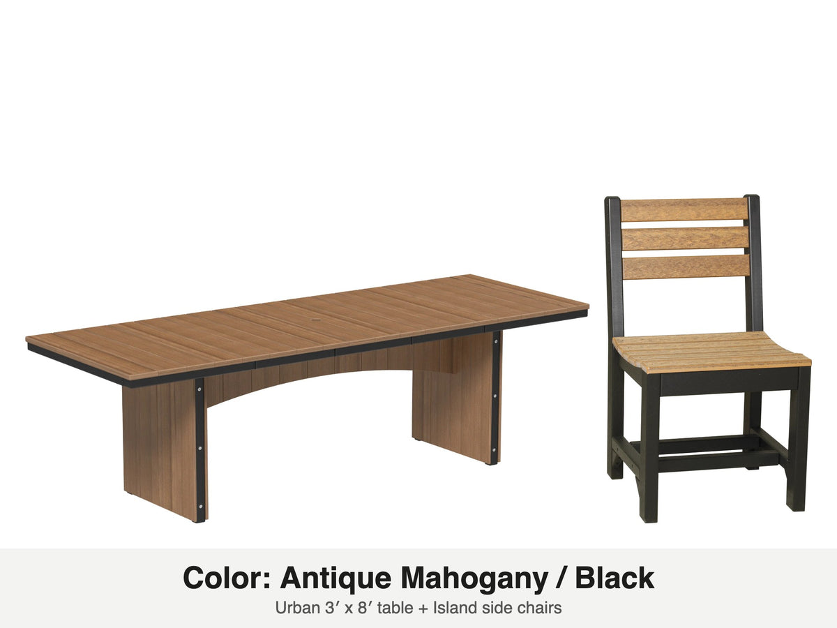 LuxCraft Veranda dining set – Urban 3x8 table and Island side chair in Antique Mahogany and Black