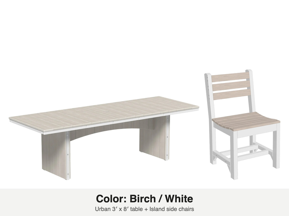LuxCraft Veranda dining set – Urban 3x8 table and Island side chair in Birch and White
