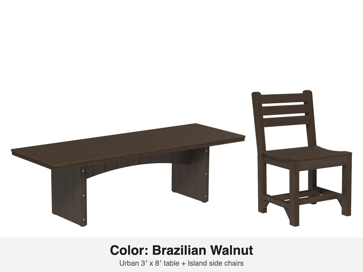 LuxCraft Veranda dining set – Urban 3x8 table and Island side chair in Brazilian Walnut