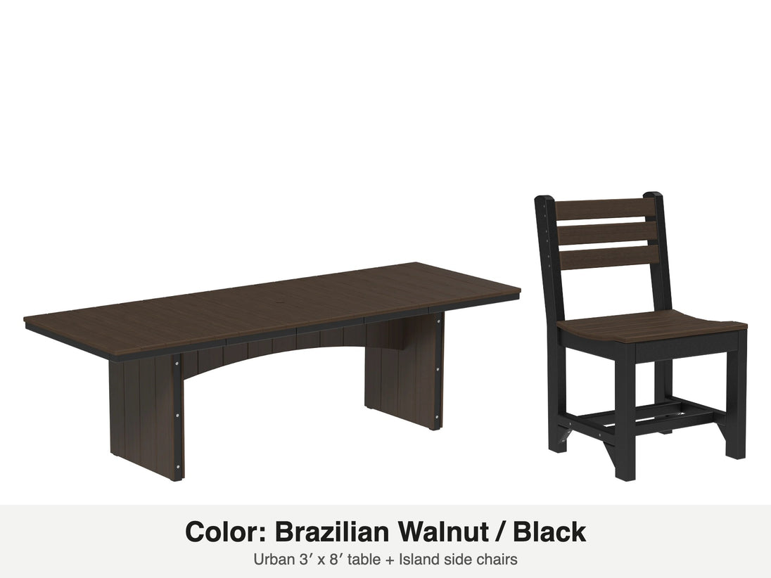 LuxCraft Veranda dining set – Urban 3x8 table and Island side chair in Brazilian Walnut and Black