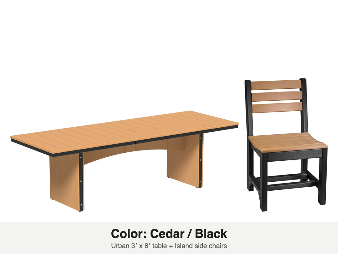 LuxCraft Veranda dining set – Urban 3x8 table and Island side chair in Cedar and Black