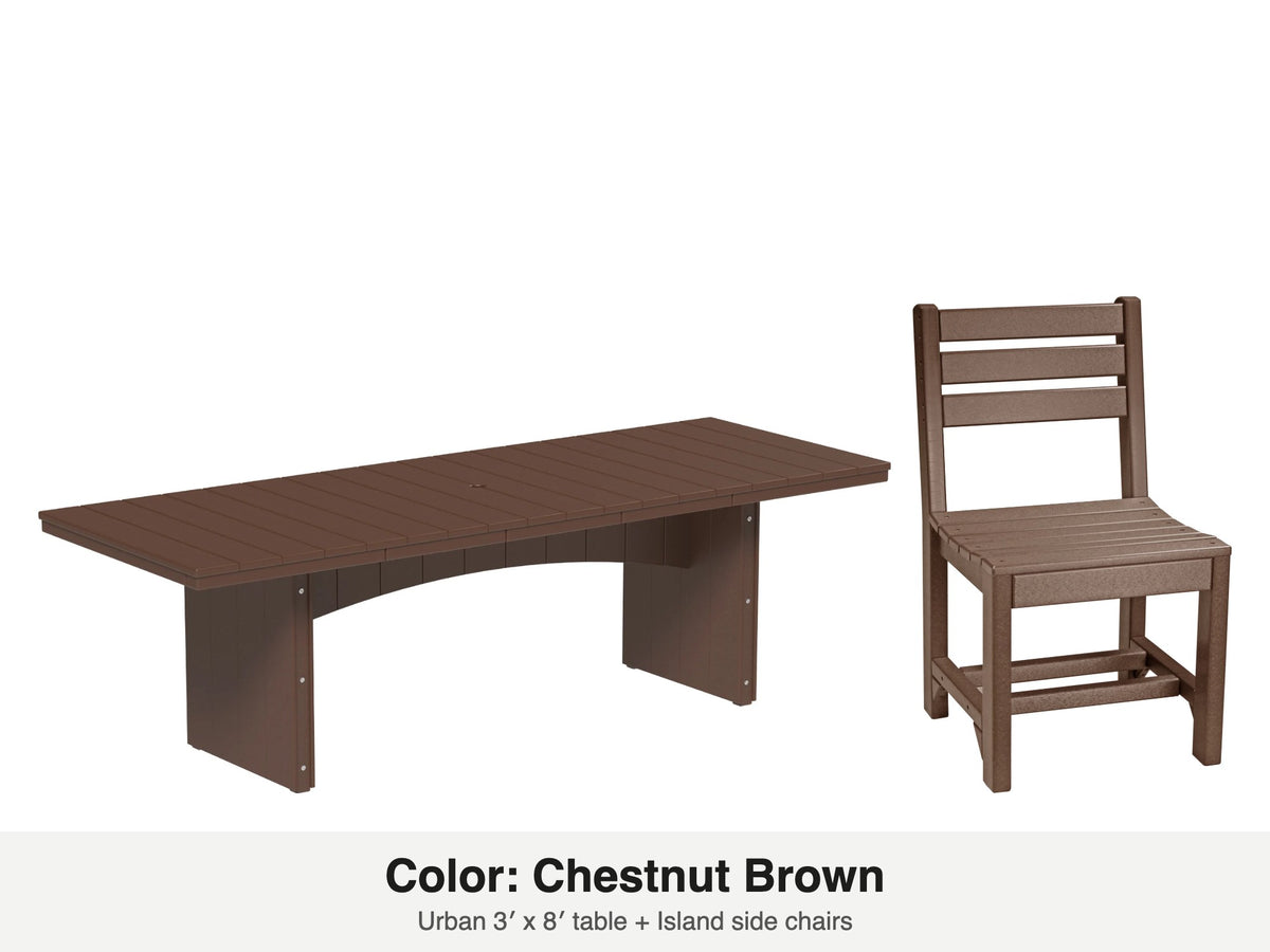 LuxCraft Veranda dining set – Urban 3x8 table and Island side chair in Chestnut Brown