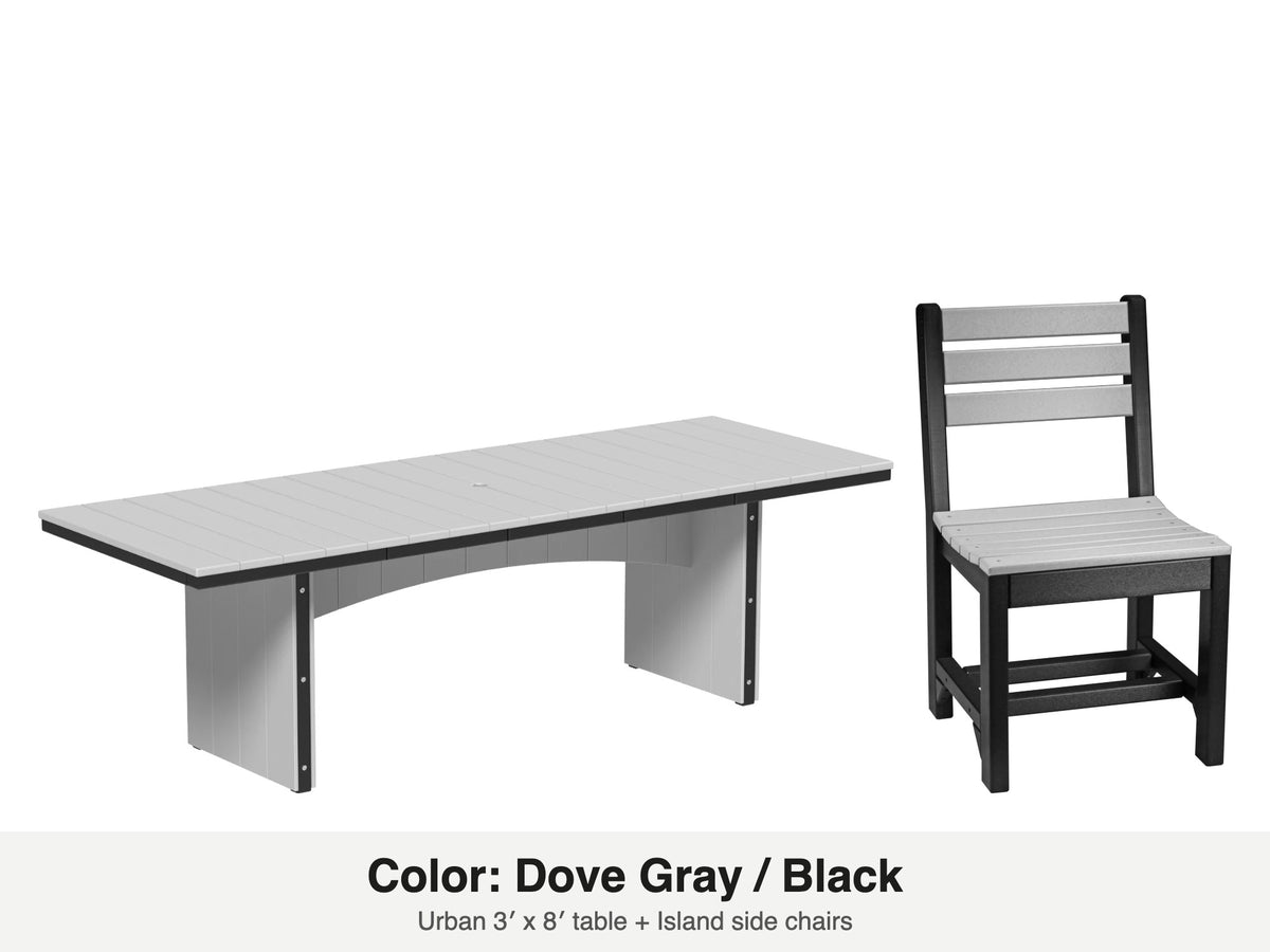 LuxCraft Veranda dining set – Urban 3x8 table and Island side chair in Dove Gray and Black