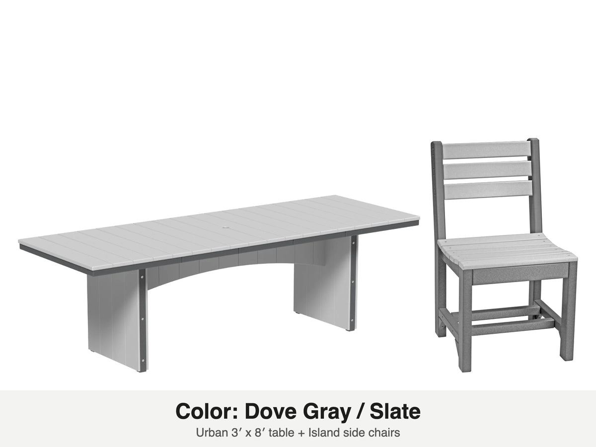 LuxCraft Veranda dining set – Urban 3x8 table and Island side chair in Dove Gray and Slate