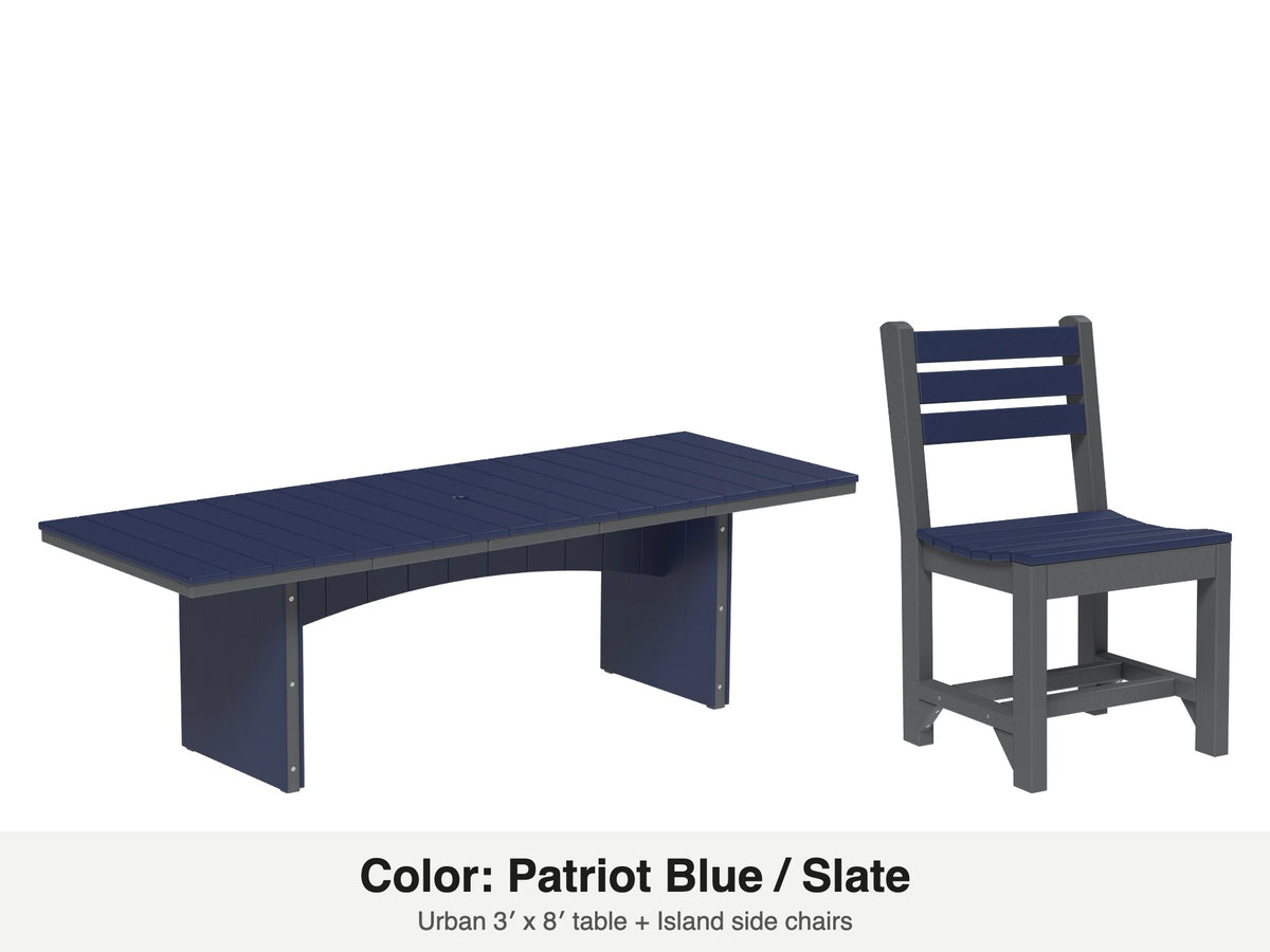LuxCraft Veranda dining set – Urban 3x8 table and Island side chair in Patriot Blue and Slate