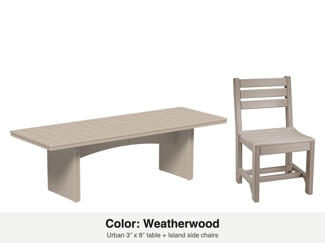 LuxCraft Veranda dining set – Urban 3x8 table and Island side chair in Weatherwood