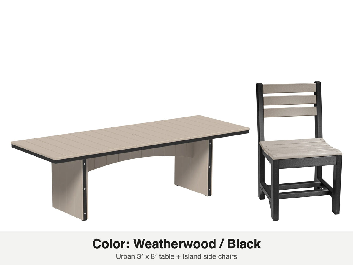 LuxCraft Veranda dining set – Urban 3x8 table and Island side chair in Weatherwood and Black