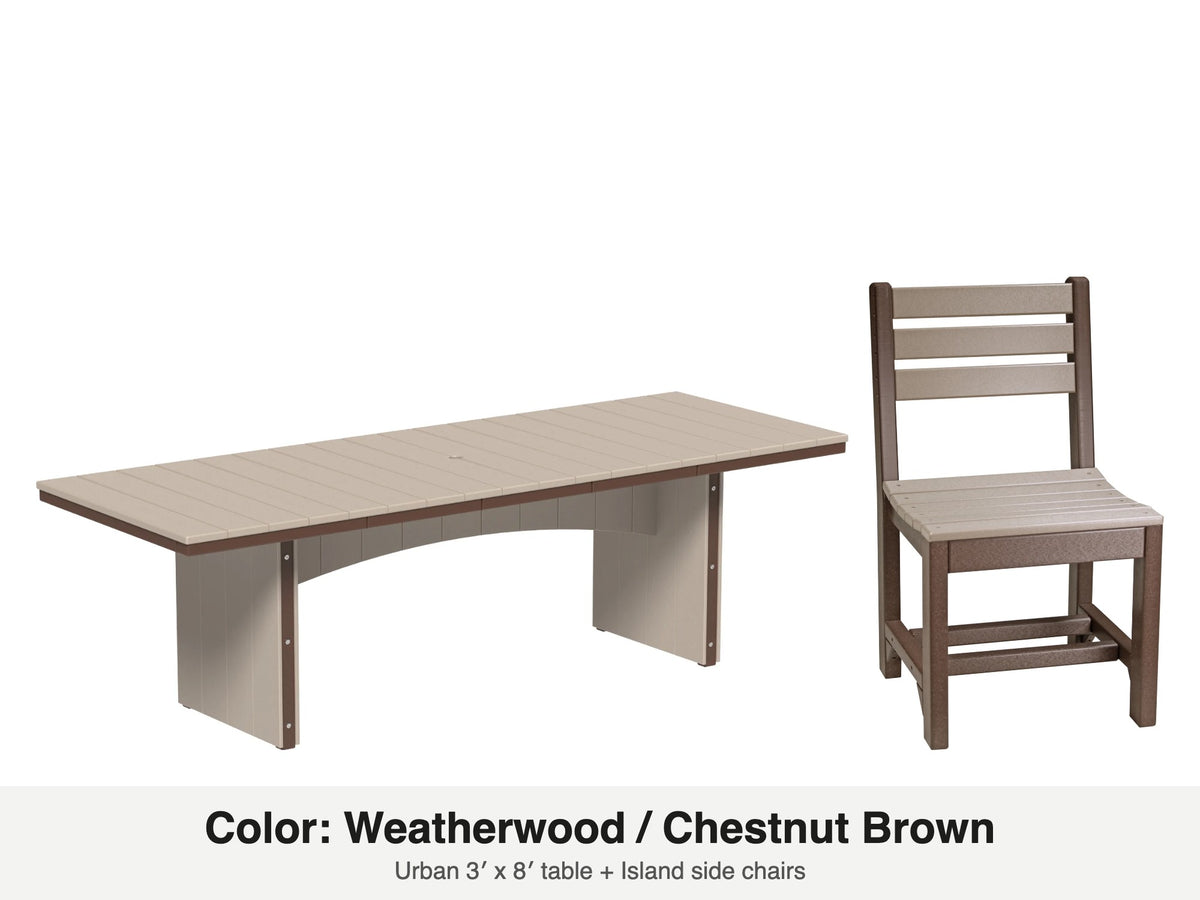 LuxCraft Veranda dining set – Urban 3x8 table and Island side chair in Weatherwood and Chestnut Brown